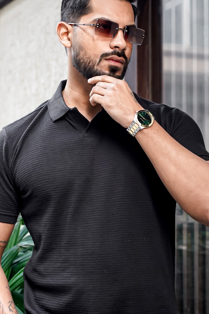 Black Self Design Polo Neck T-Shirt