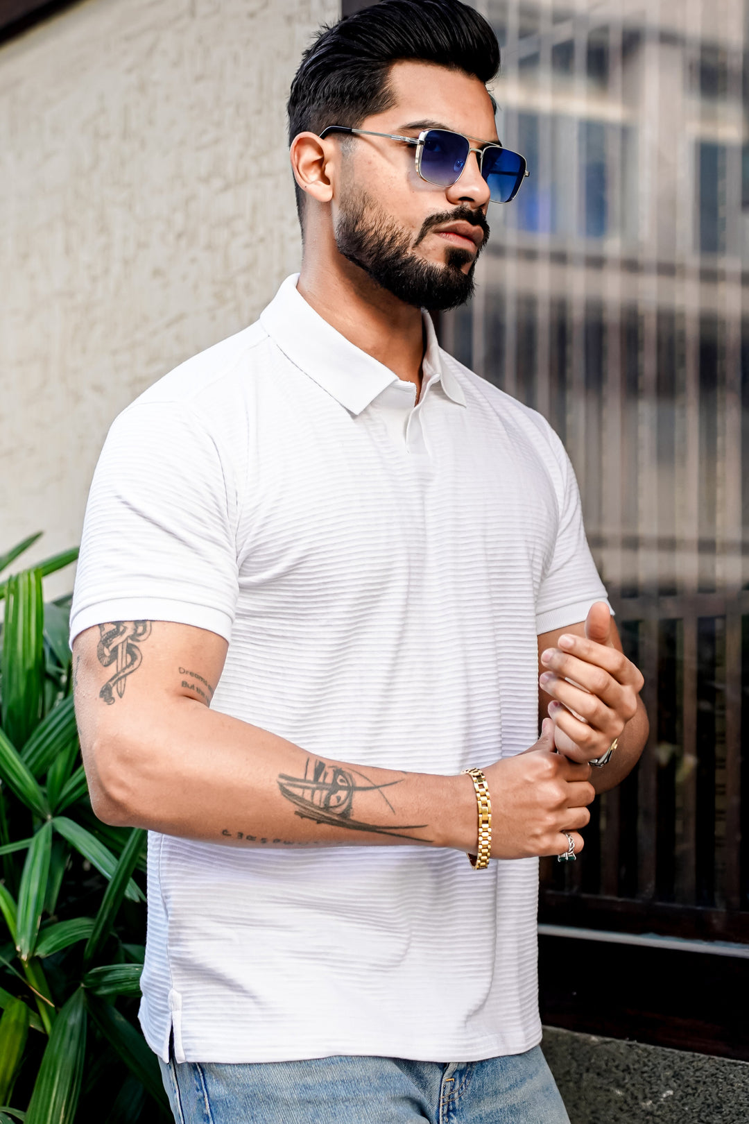 White Self Design Polo Neck T-Shirt
