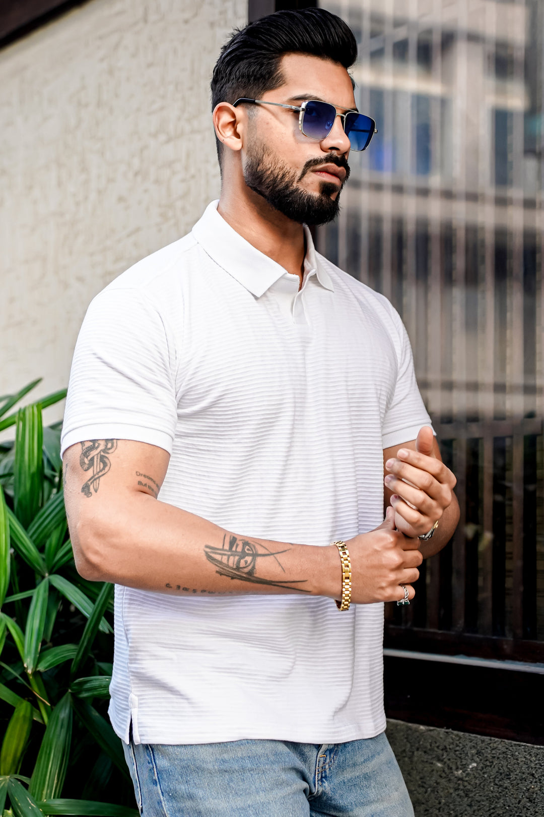 White Self Design Polo Neck T-Shirt
