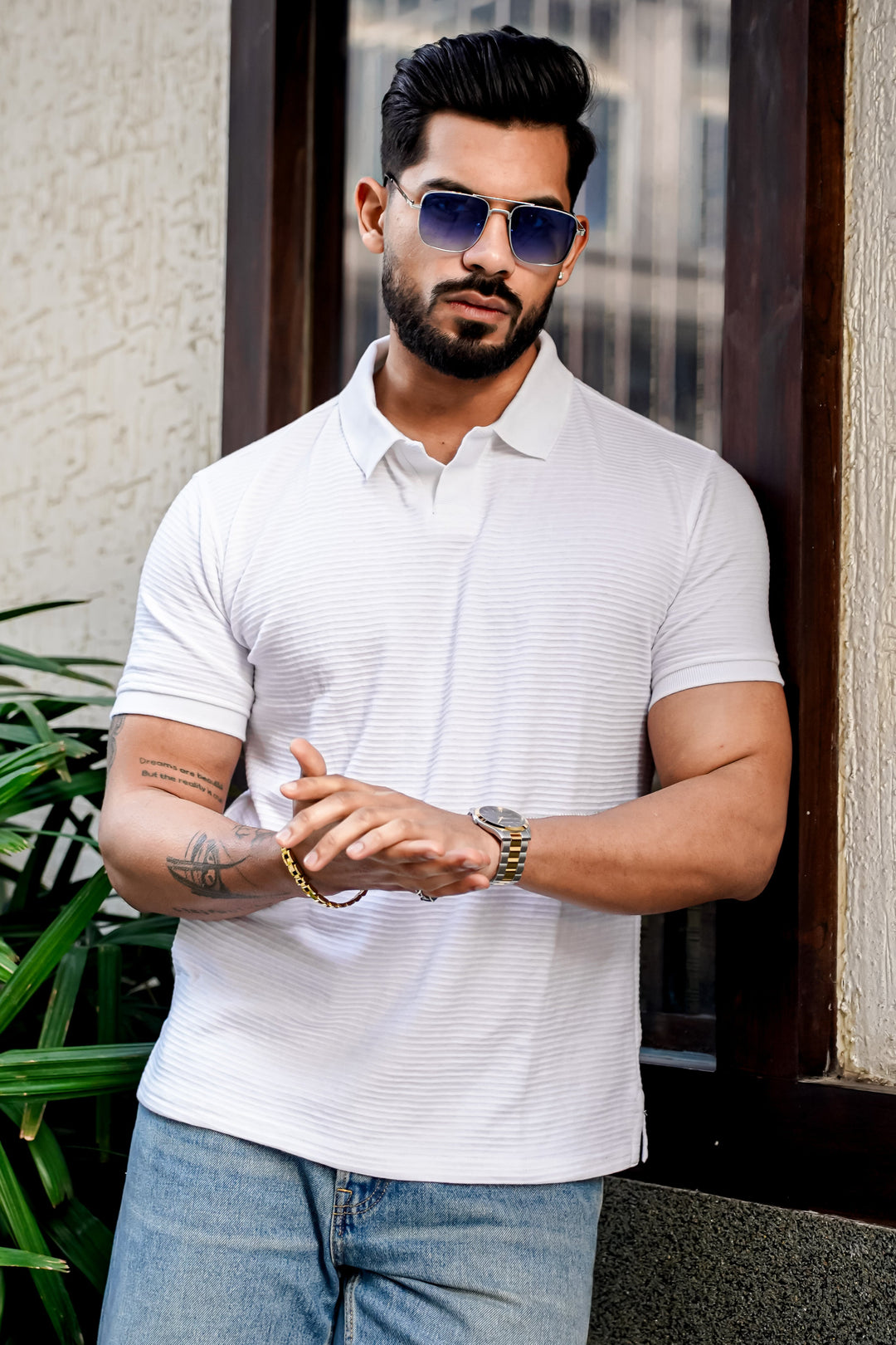 White Self Design Polo Neck T-Shirt