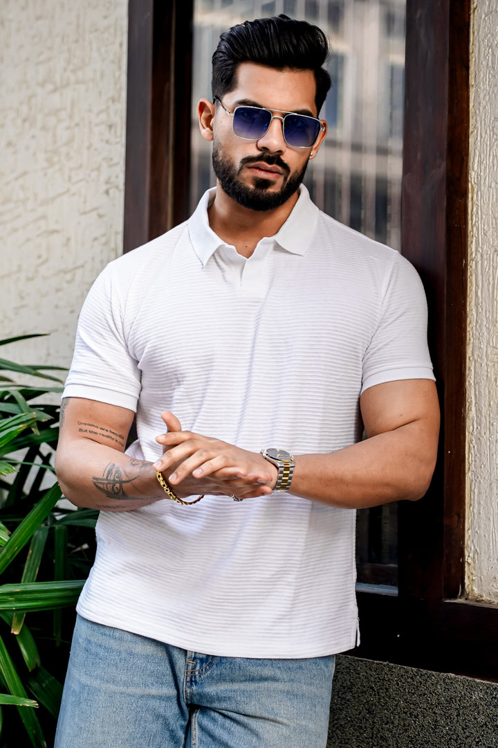 White Self Design Polo Neck T-Shirt