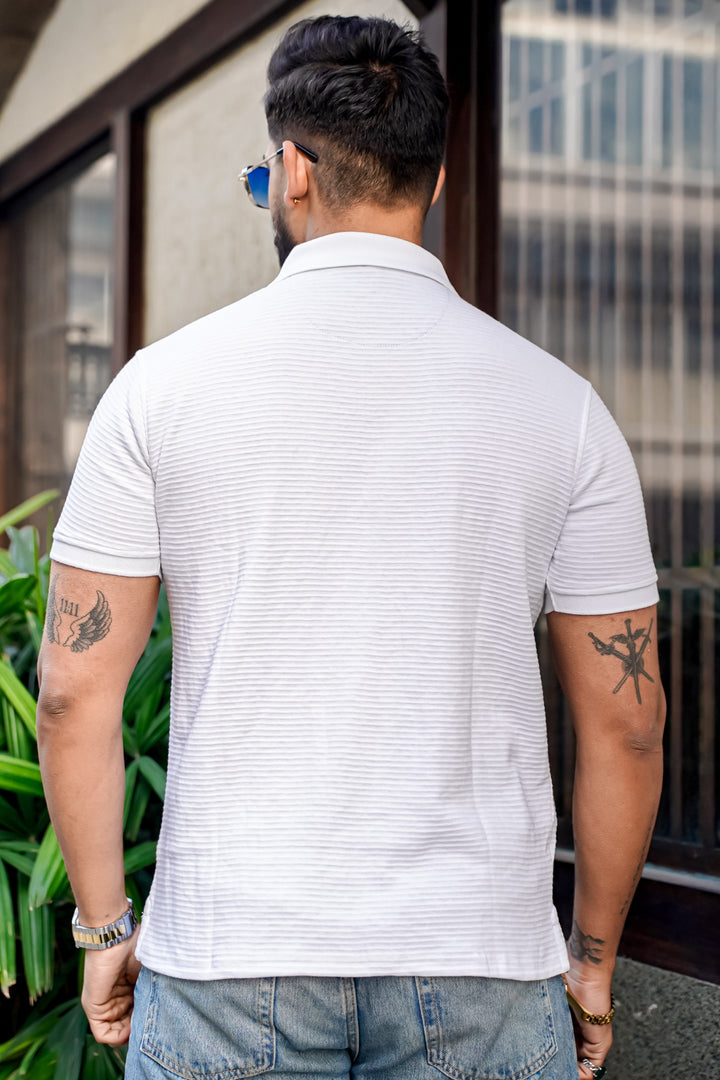 White Self Design Polo Neck T-Shirt