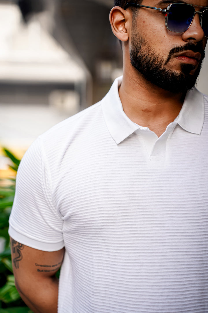 White Self Design Polo Neck T-Shirt