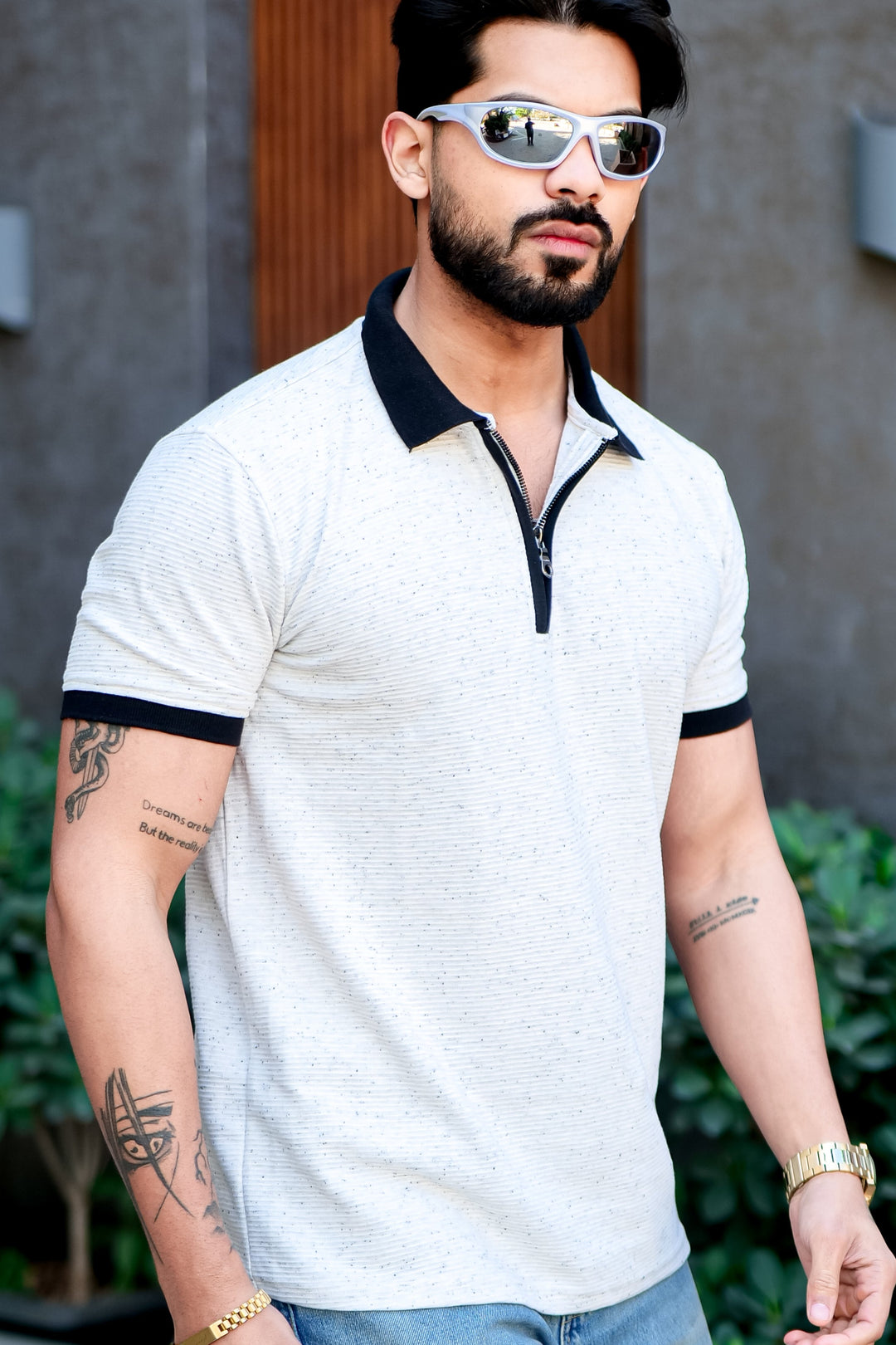 Cream Self Design Zipper Polo T-Shirt