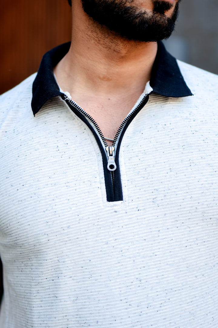 Cream Self Design Zipper Polo T-Shirt