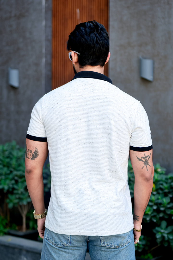 Cream Self Design Zipper Polo T-Shirt