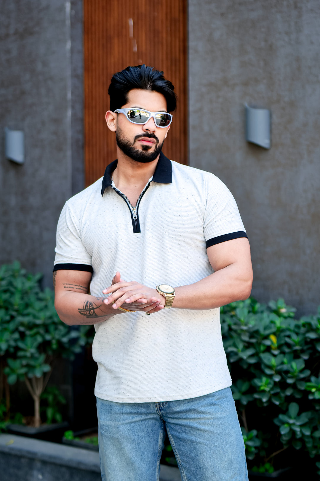 Cream Self Design Zipper Polo T-Shirt