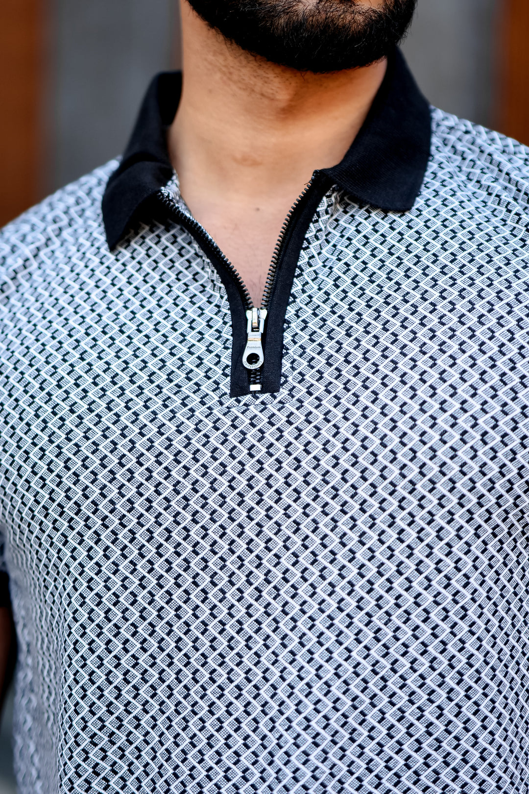 Blue Self Design Jacquard Polo Zipper T-Shirt