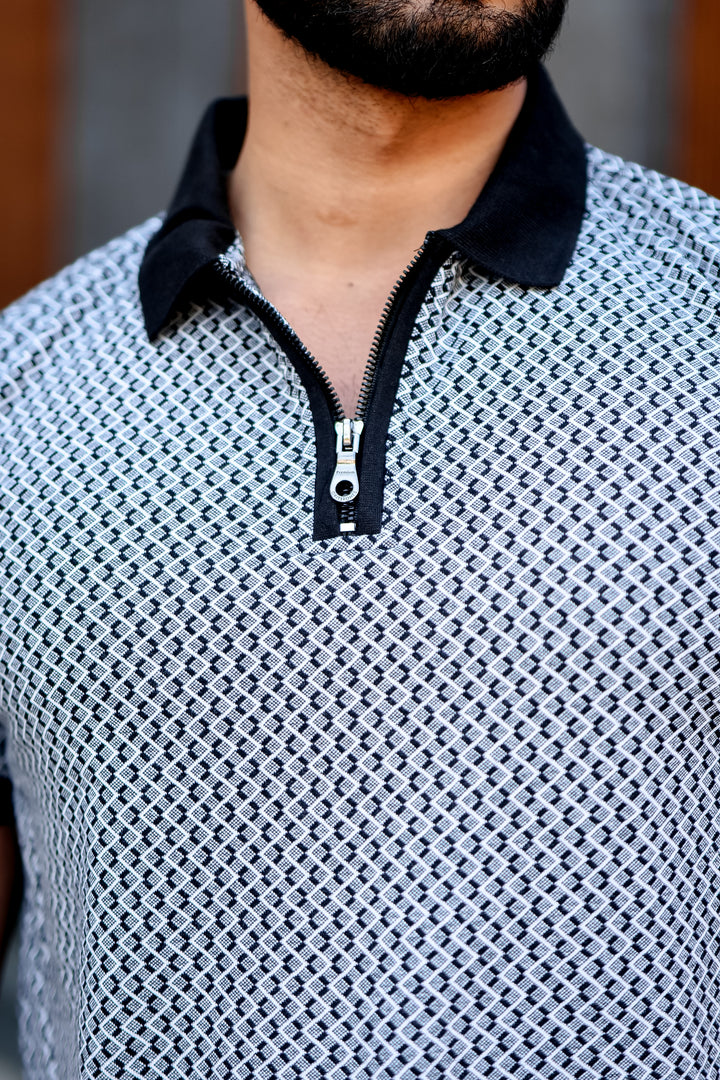 Blue Self Design Jacquard Polo Zipper T-Shirt