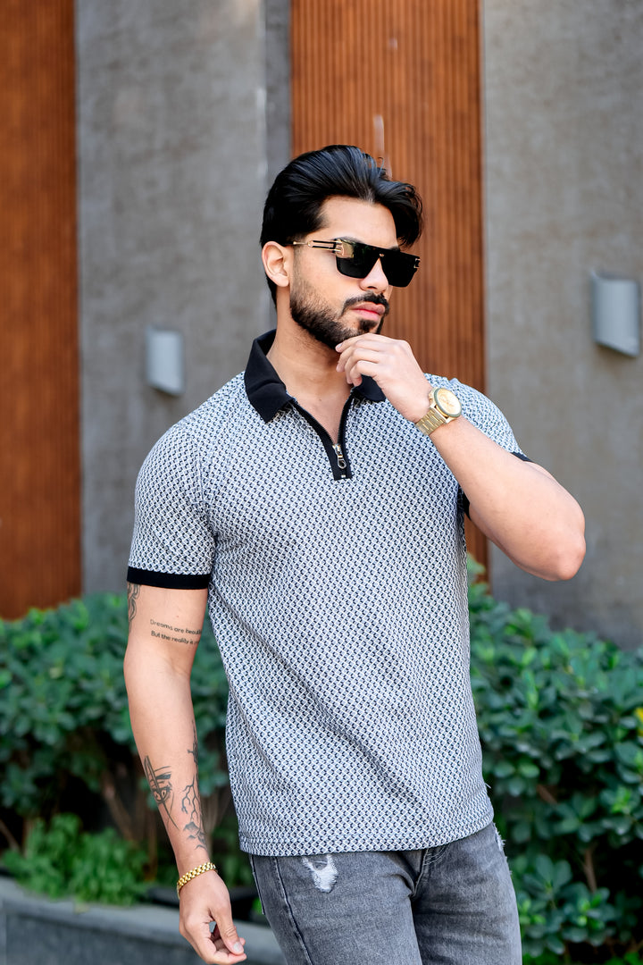 Blue Self Design Jacquard Polo Zipper T-Shirt