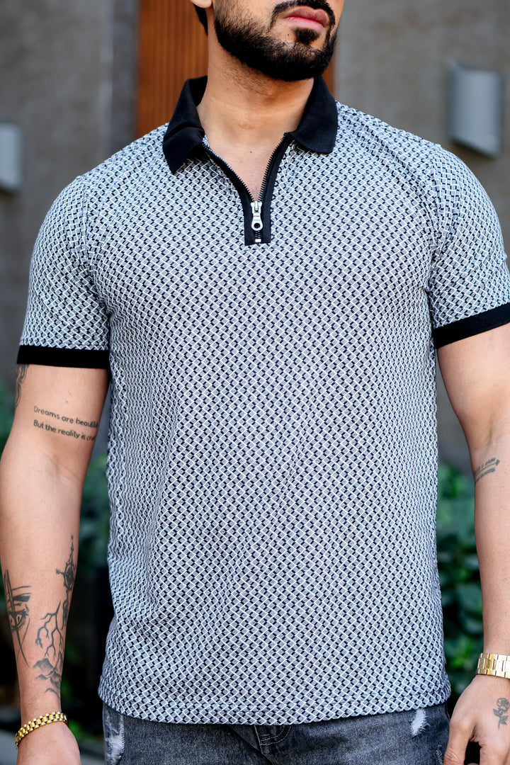 Blue Self Design Jacquard Polo Zipper T-Shirt