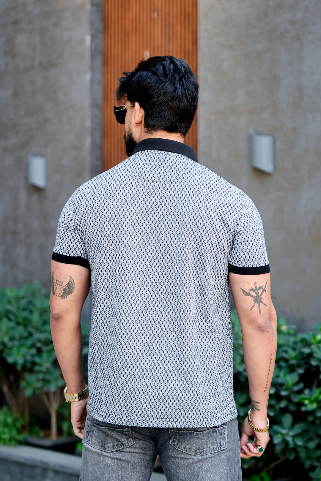Blue Self Design Jacquard Polo Zipper T-Shirt