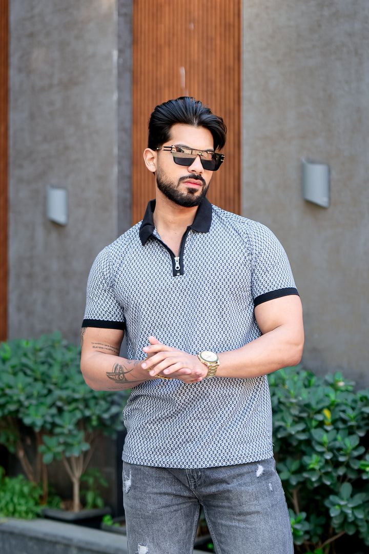 Blue Self Design Jacquard Polo Zipper T-Shirt
