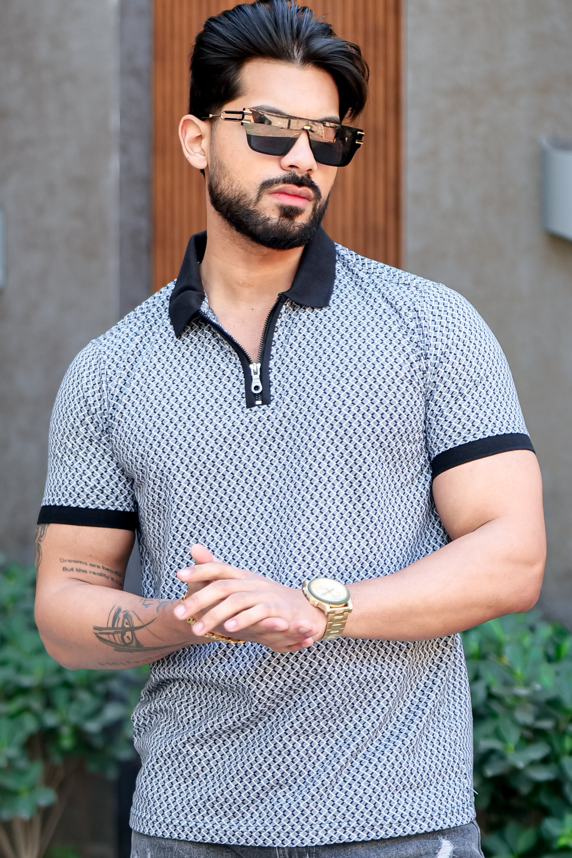 Blue Self Design Jacquard Polo Zipper T-Shirt