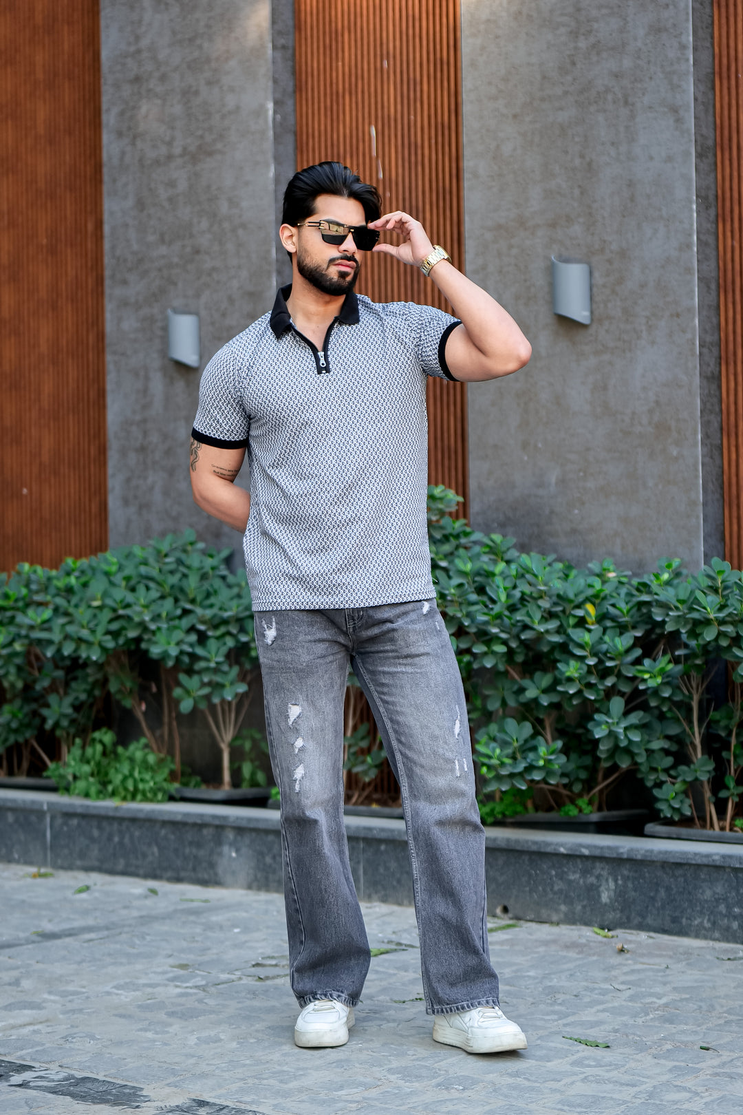 Blue Self Design Jacquard Polo Zipper T-Shirt