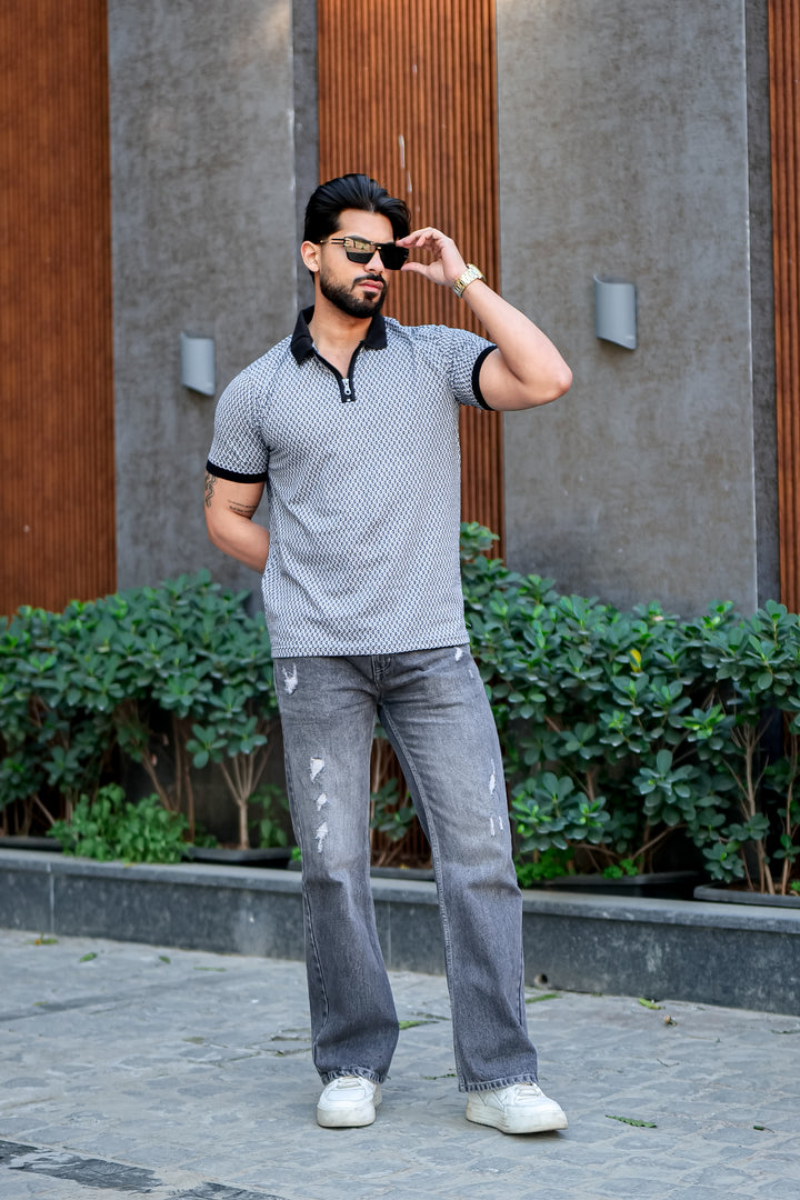 Blue Self Design Jacquard Polo Zipper T-Shirt
