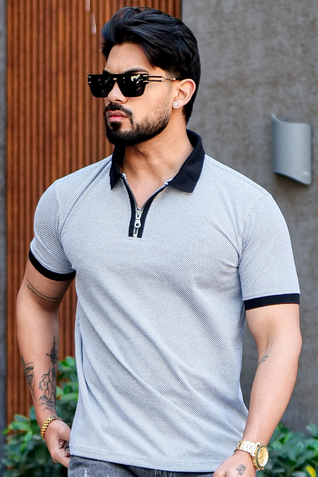 Blue Self Design Jacquard Polo Zipper T-Shirt