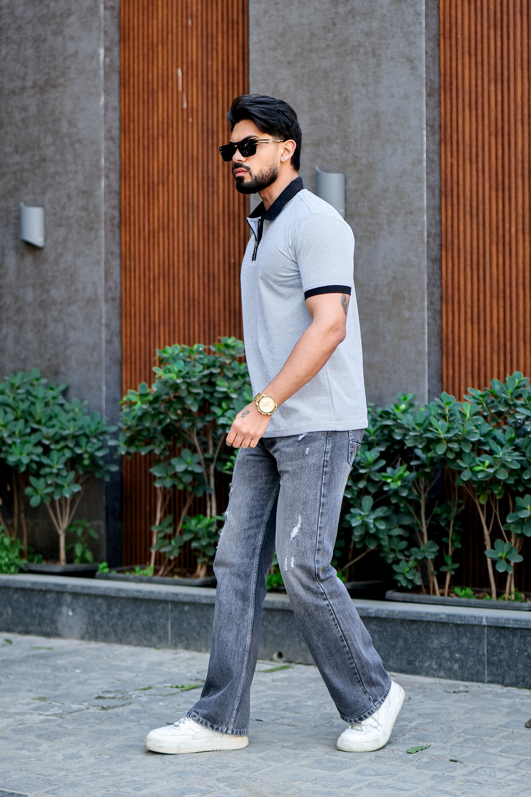 Blue Self Design Jacquard Polo Zipper T-Shirt