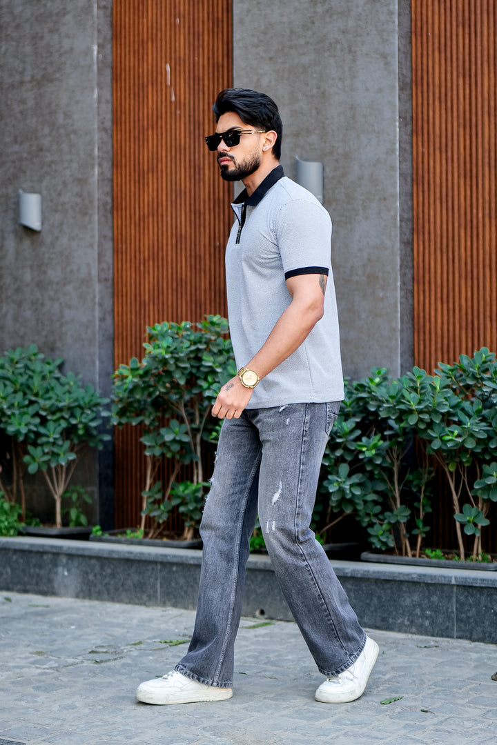 Blue Self Design Jacquard Polo Zipper T-Shirt