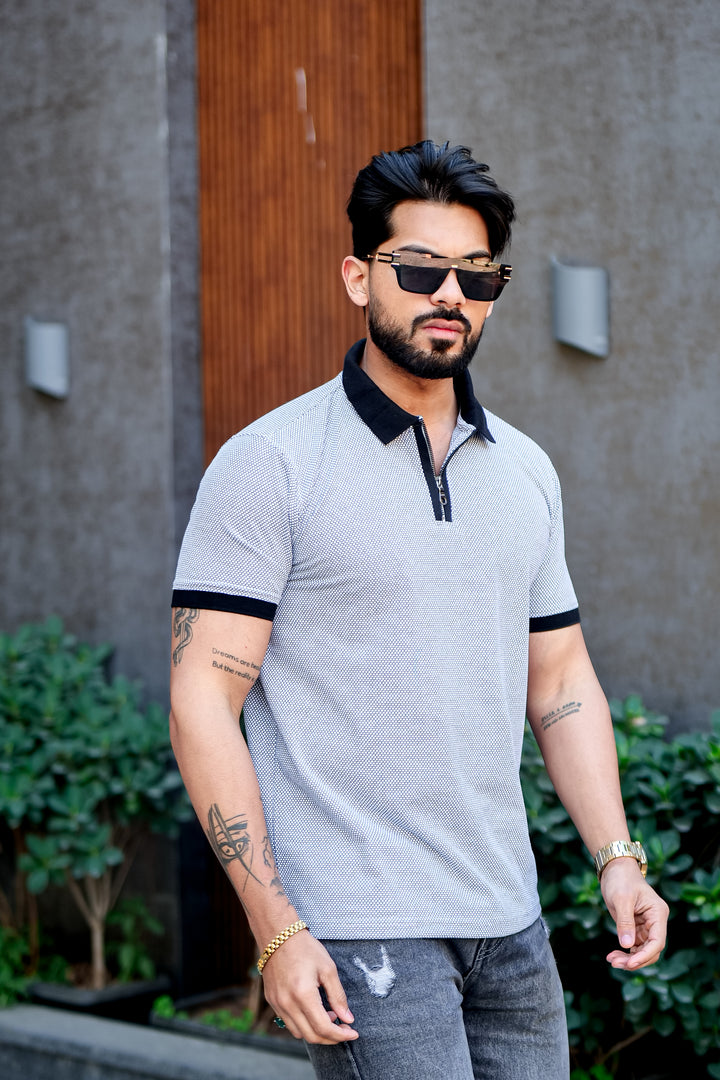 Blue Self Design Jacquard Polo Zipper T-Shirt