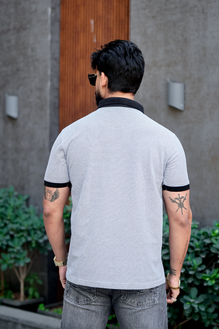 Blue Self Design Jacquard Polo Zipper T-Shirt