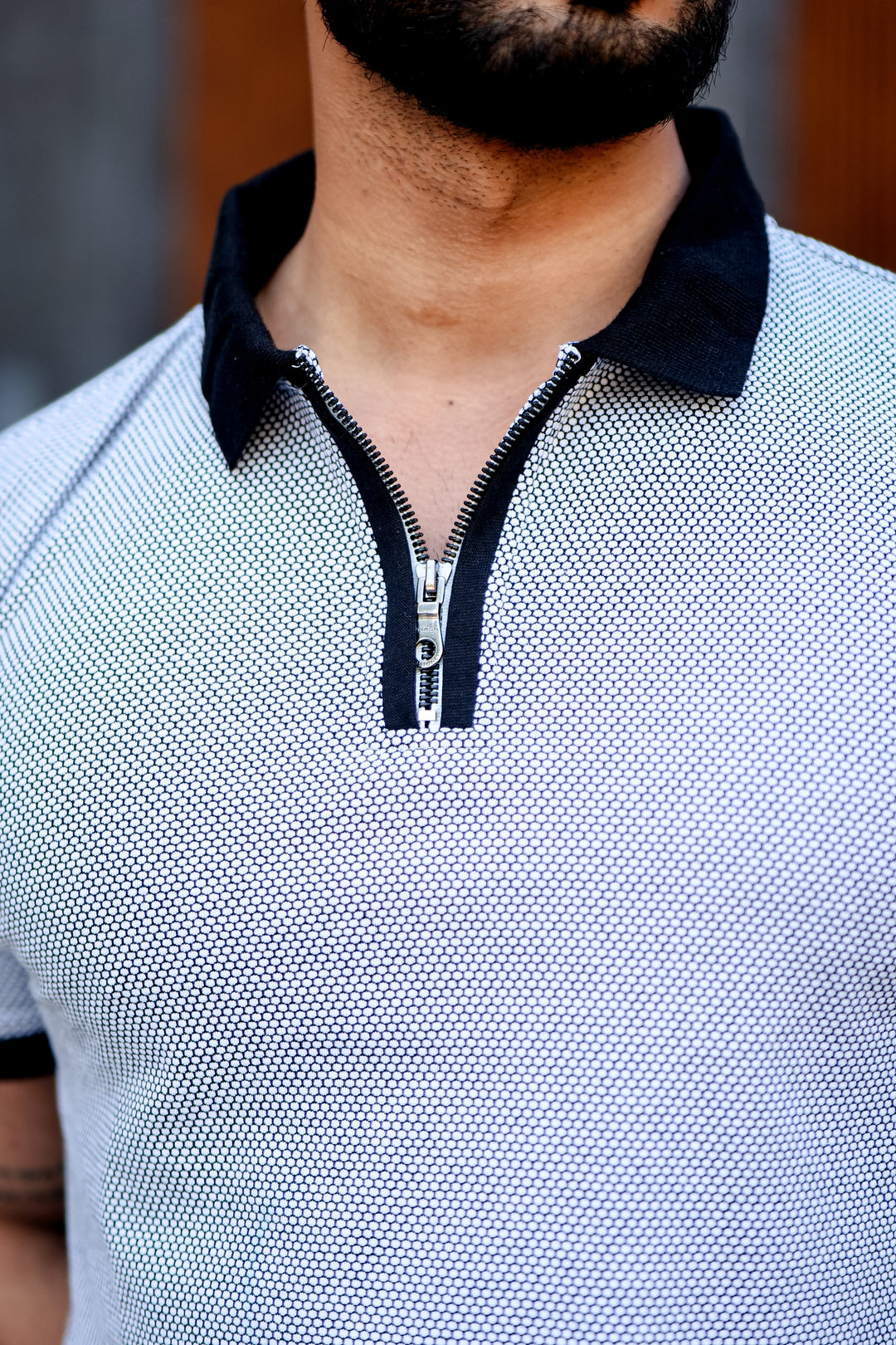 Blue Self Design Jacquard Polo Zipper T-Shirt