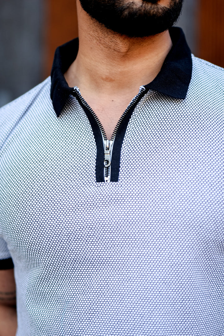 Blue Self Design Jacquard Polo Zipper T-Shirt