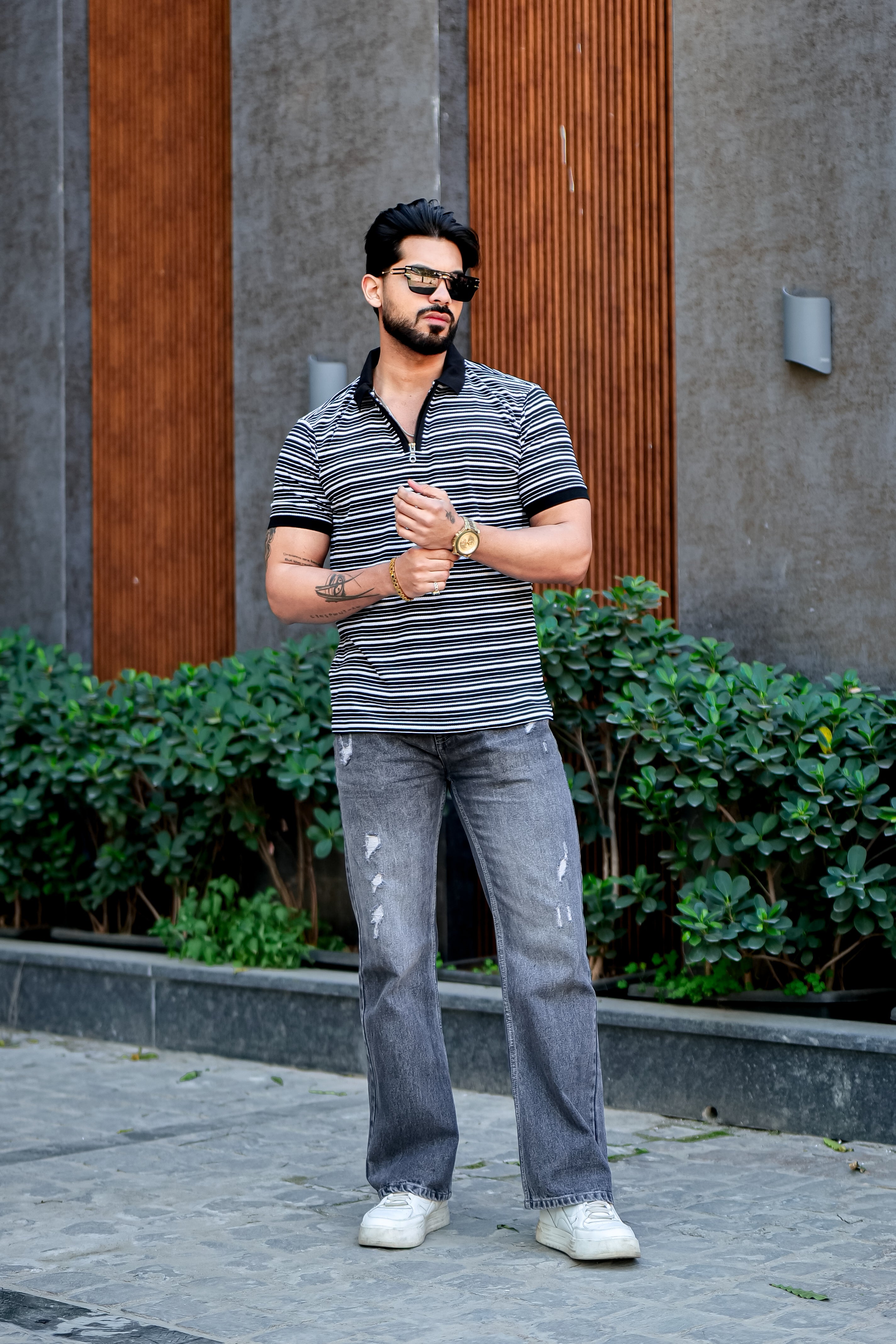 Black Striper Polo Neck Zipper T-Shirt