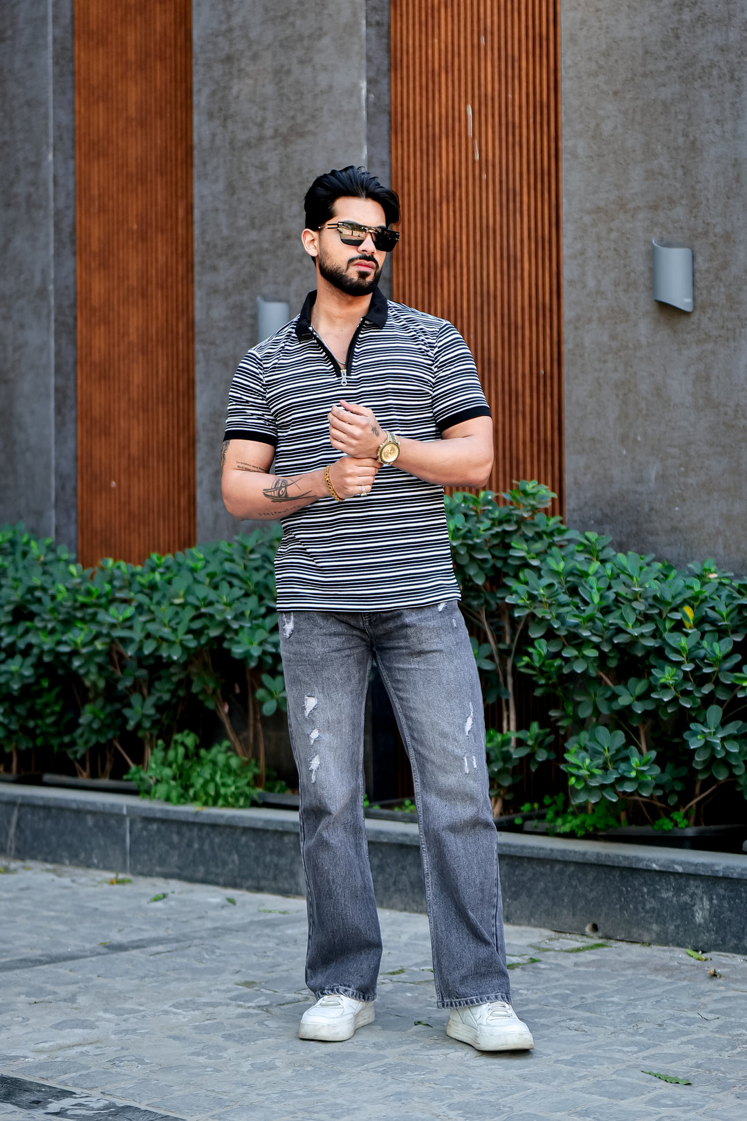 Black Striper Polo Neck Zipper T-Shirt