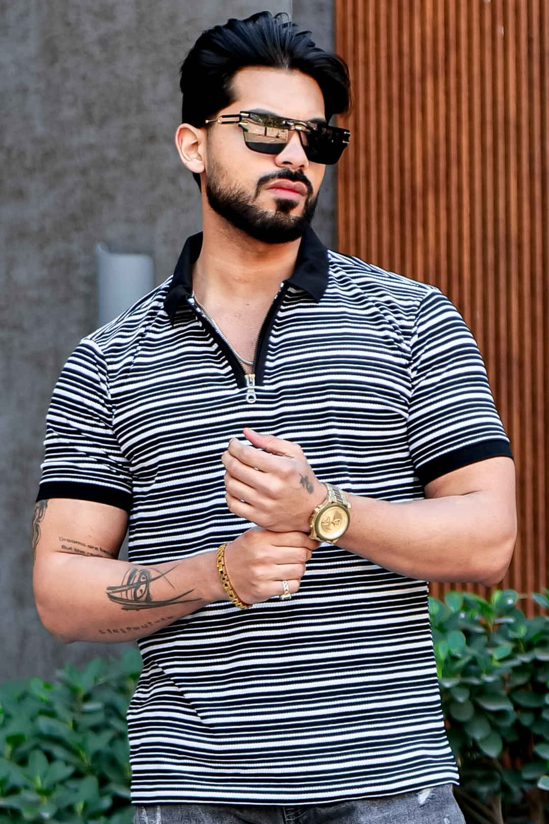 Black Striper Polo Neck Zipper T-Shirt