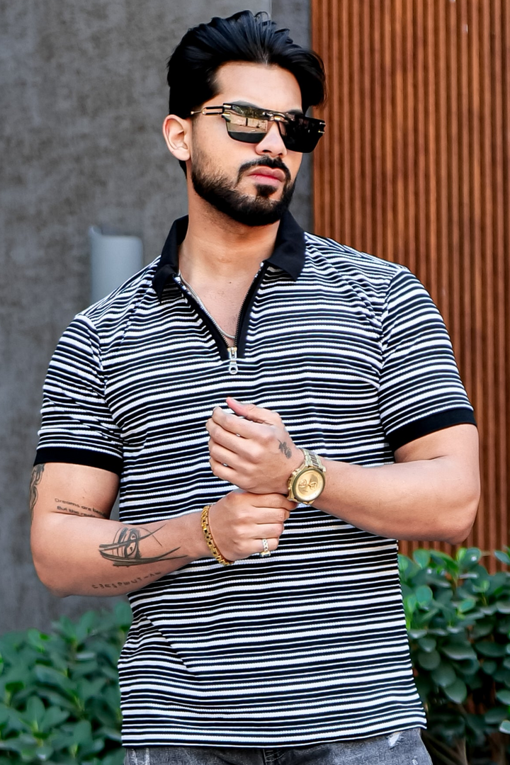 Black Striper Polo Neck Zipper T-Shirt