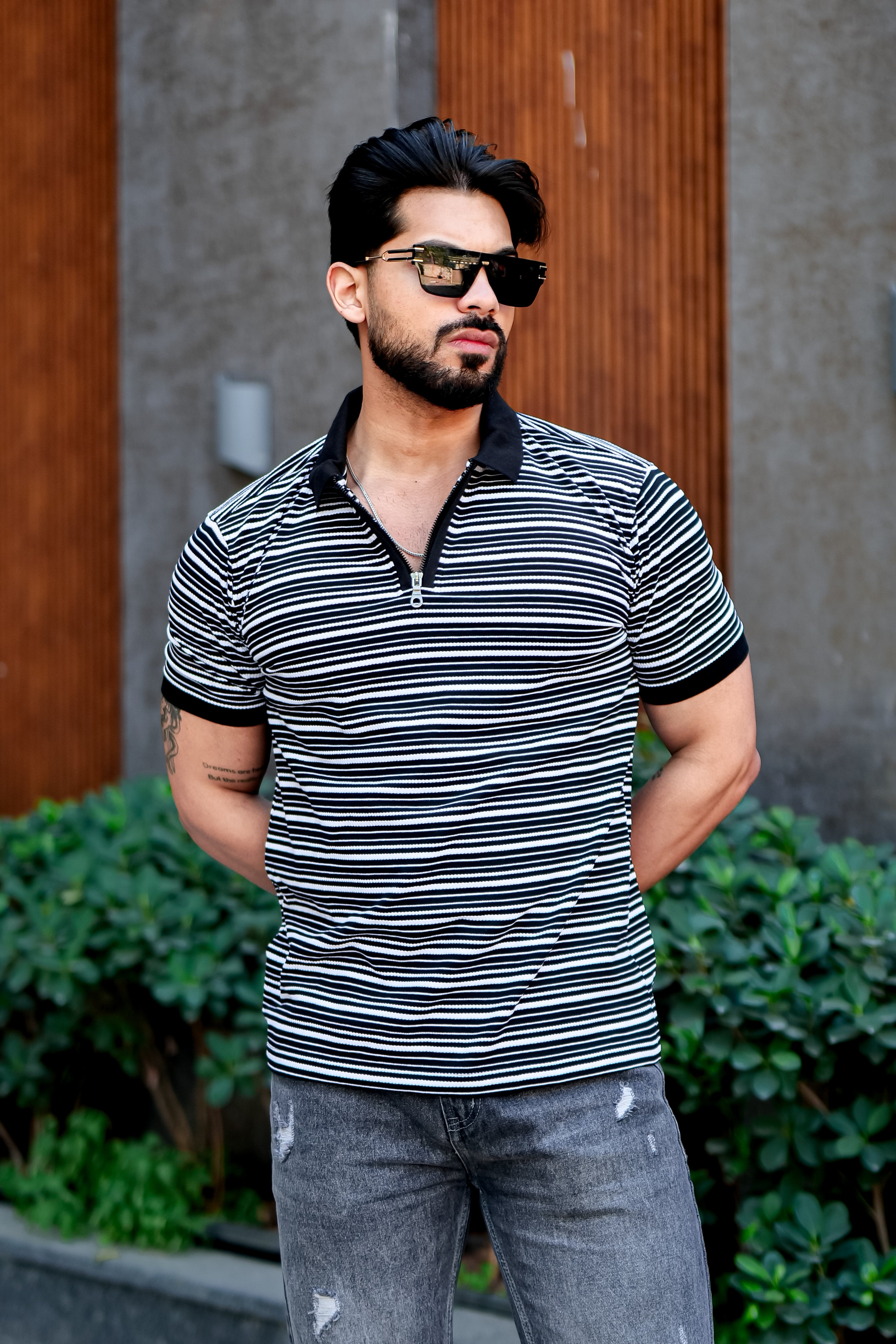 Black Striper Polo Neck Zipper T-Shirt