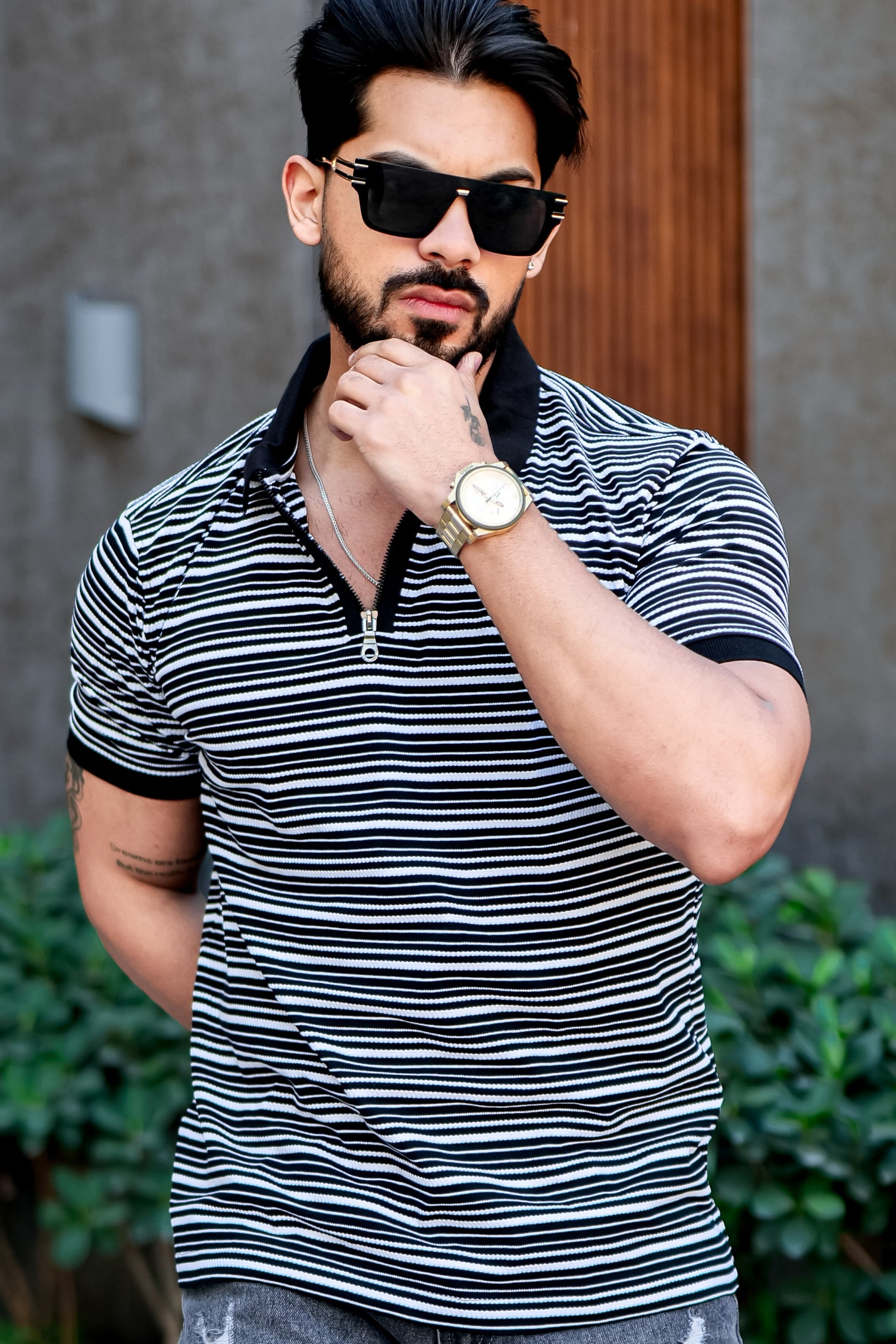 Black Striper Polo Neck Zipper T-Shirt