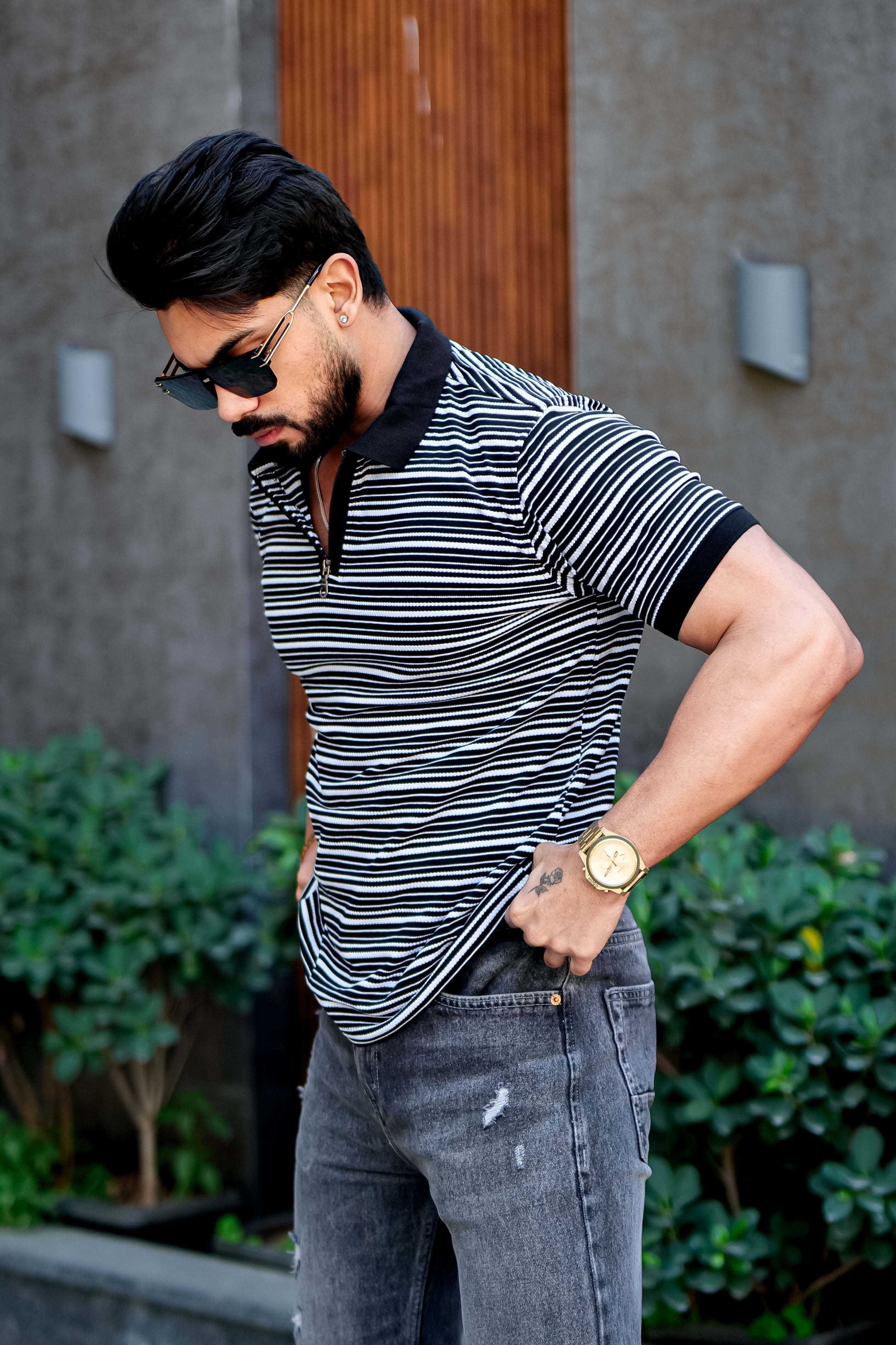Black Striper Polo Neck Zipper T-Shirt