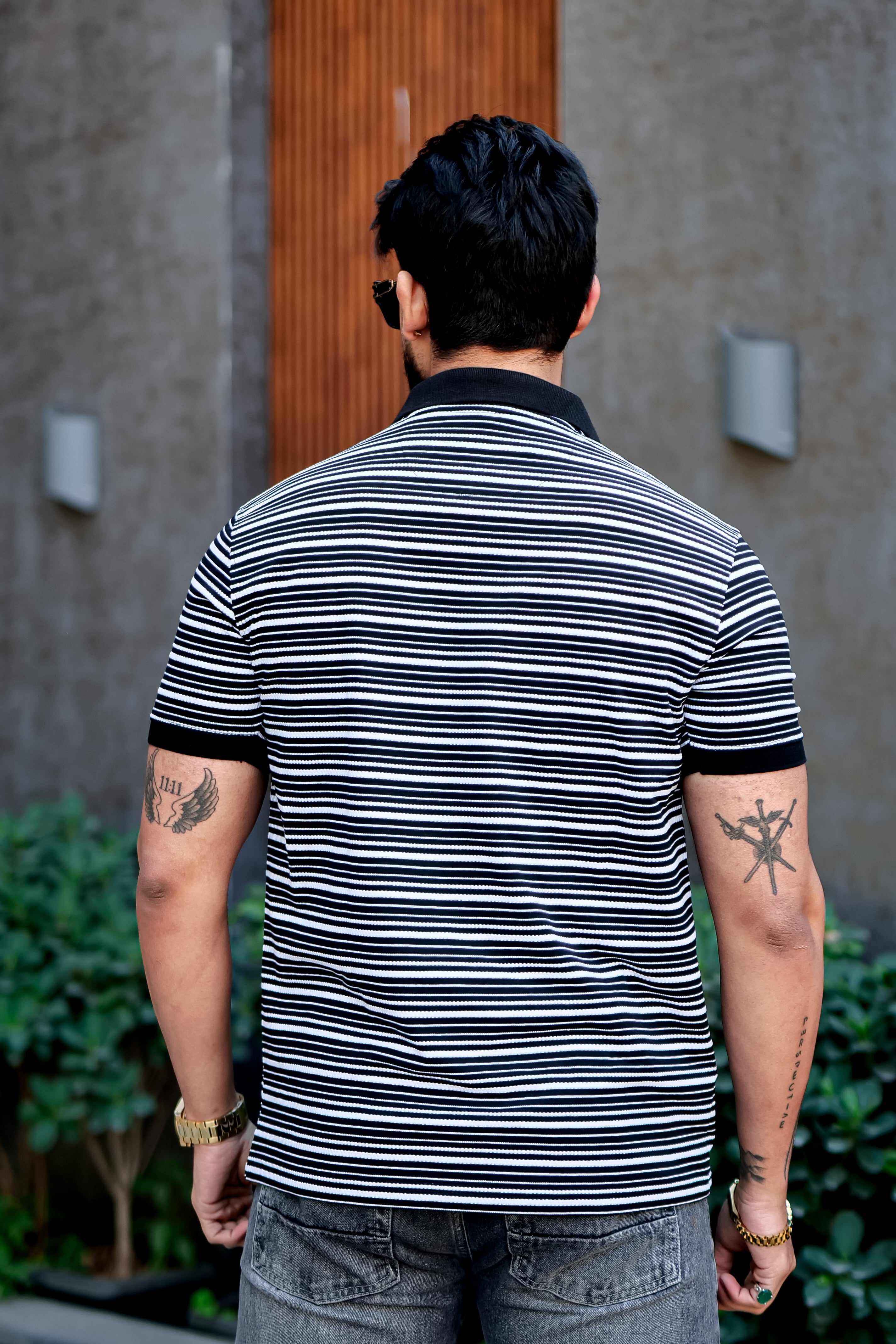 Black Striper Polo Neck Zipper T-Shirt