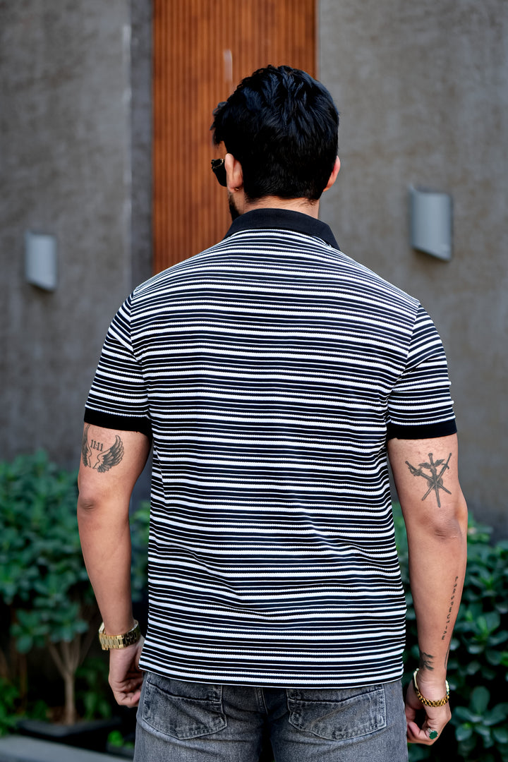 Black Striper Polo Neck Zipper T-Shirt