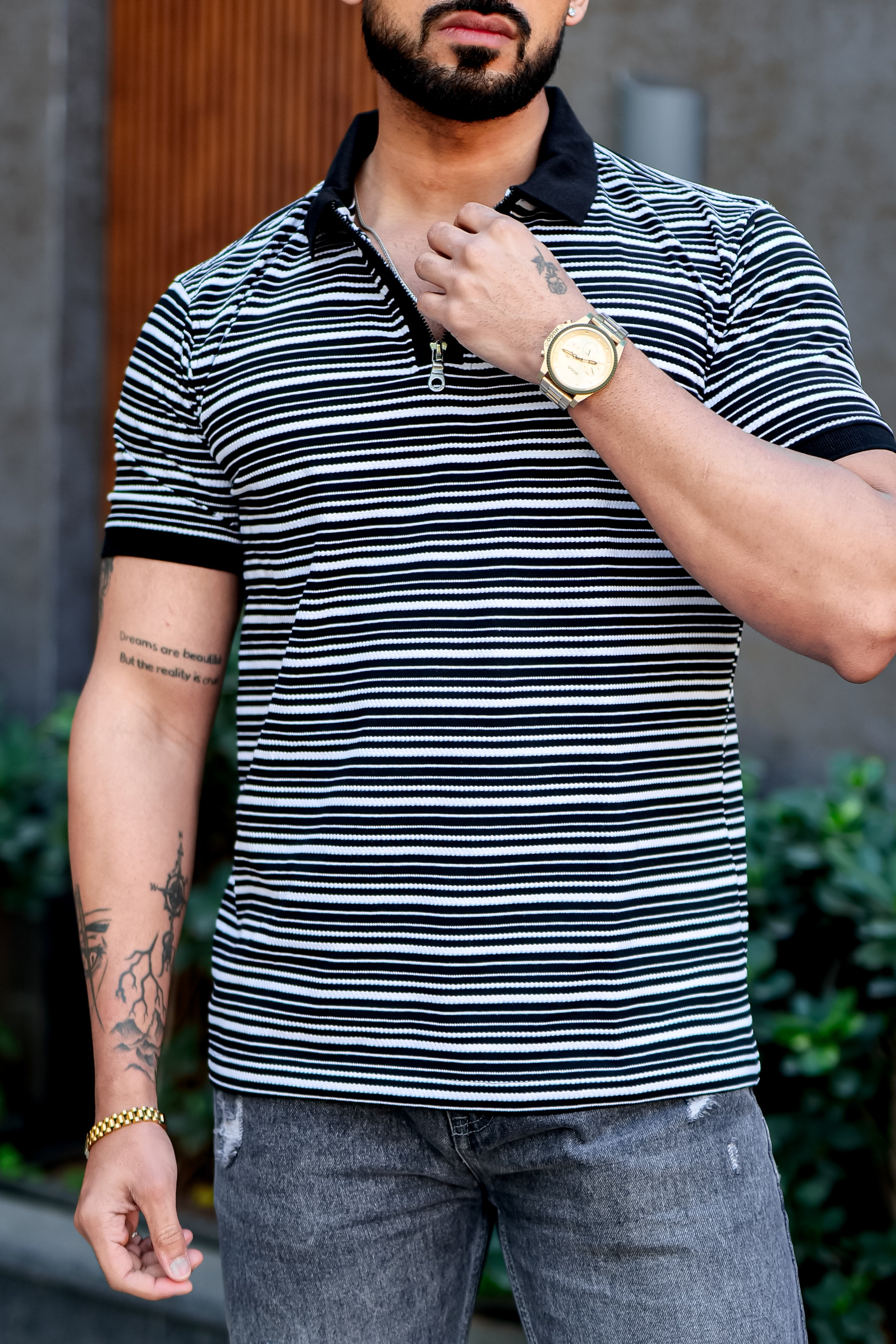 Black Striper Polo Neck Zipper T-Shirt
