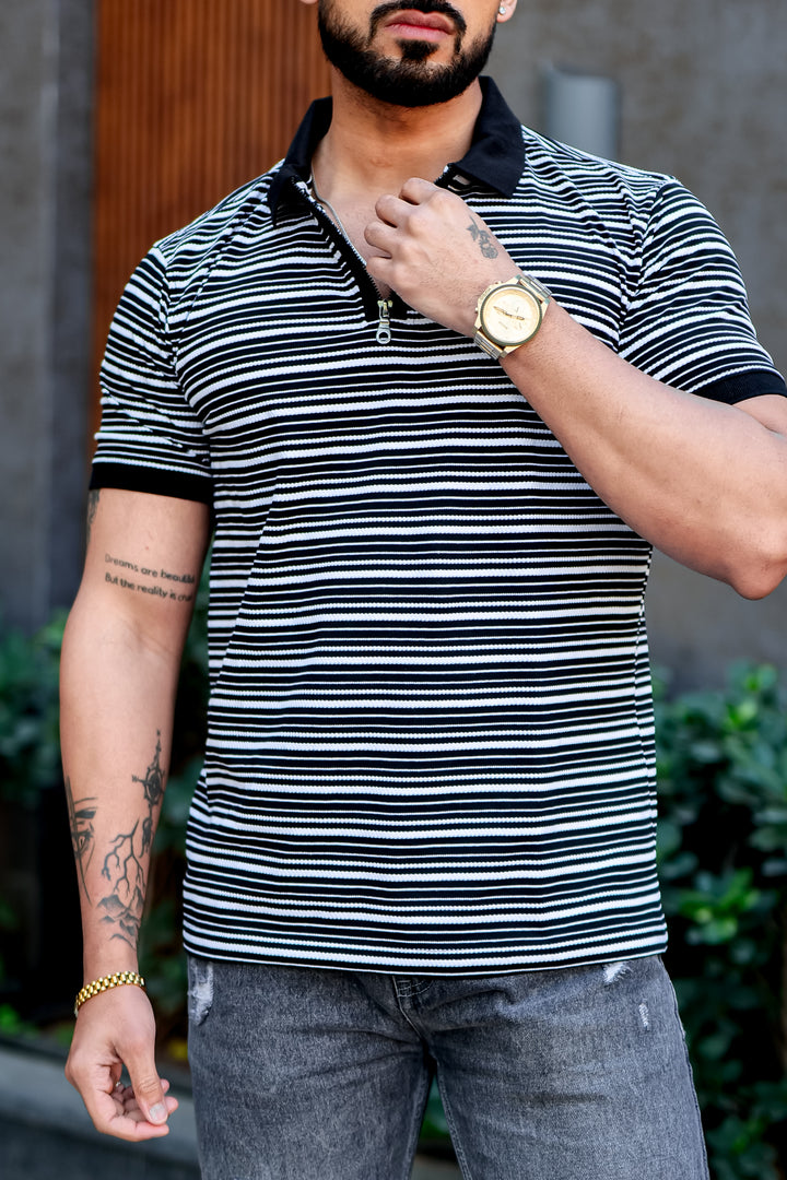 Black Striper Polo Neck Zipper T-Shirt