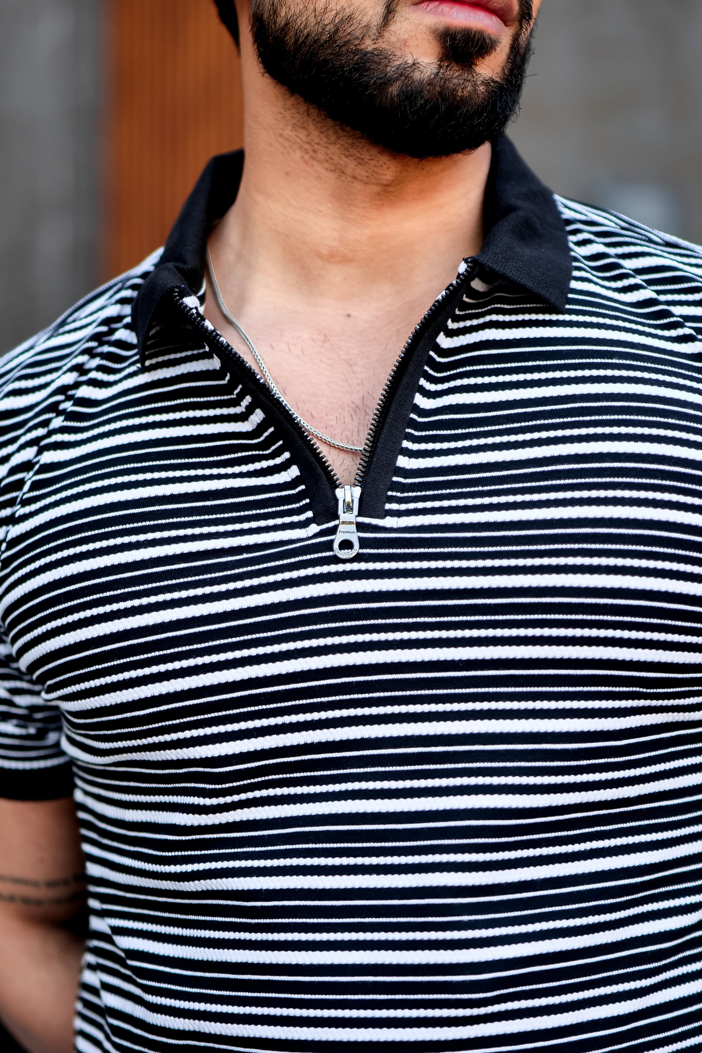 Black Striper Polo Neck Zipper T-Shirt