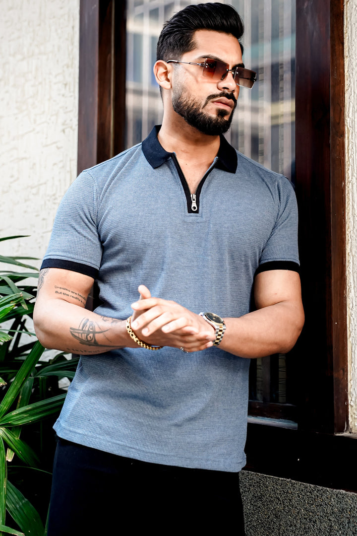 Blue Waffle Polo Zipper T-Shirt