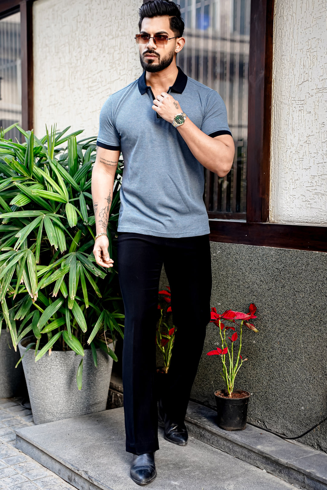 Blue Waffle Polo Zipper T-Shirt