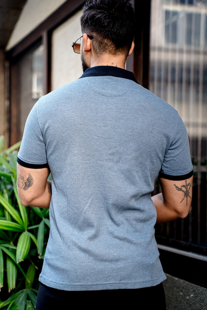 Blue Waffle Polo Zipper T-Shirt