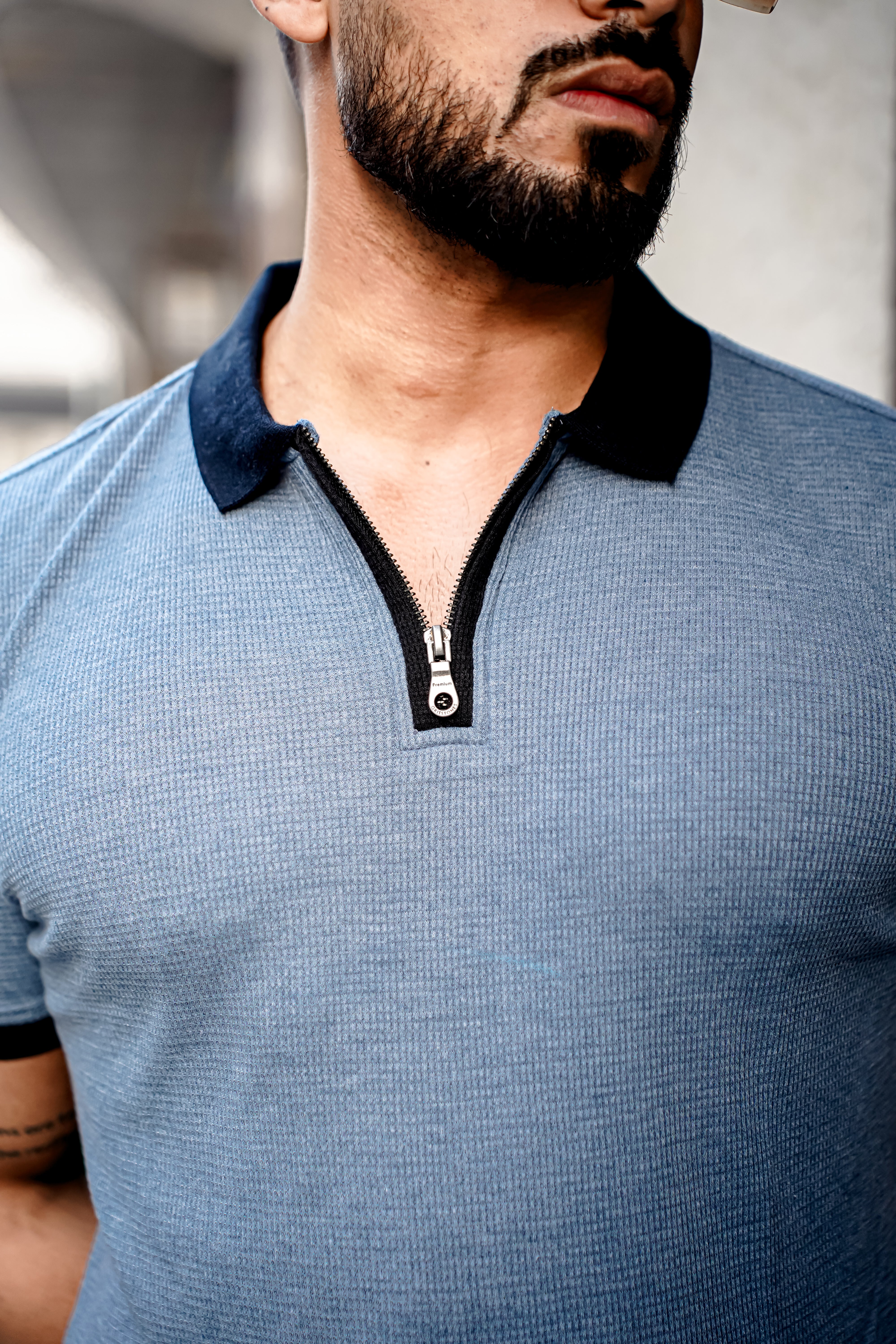 Blue Waffle Polo Zipper T-Shirt