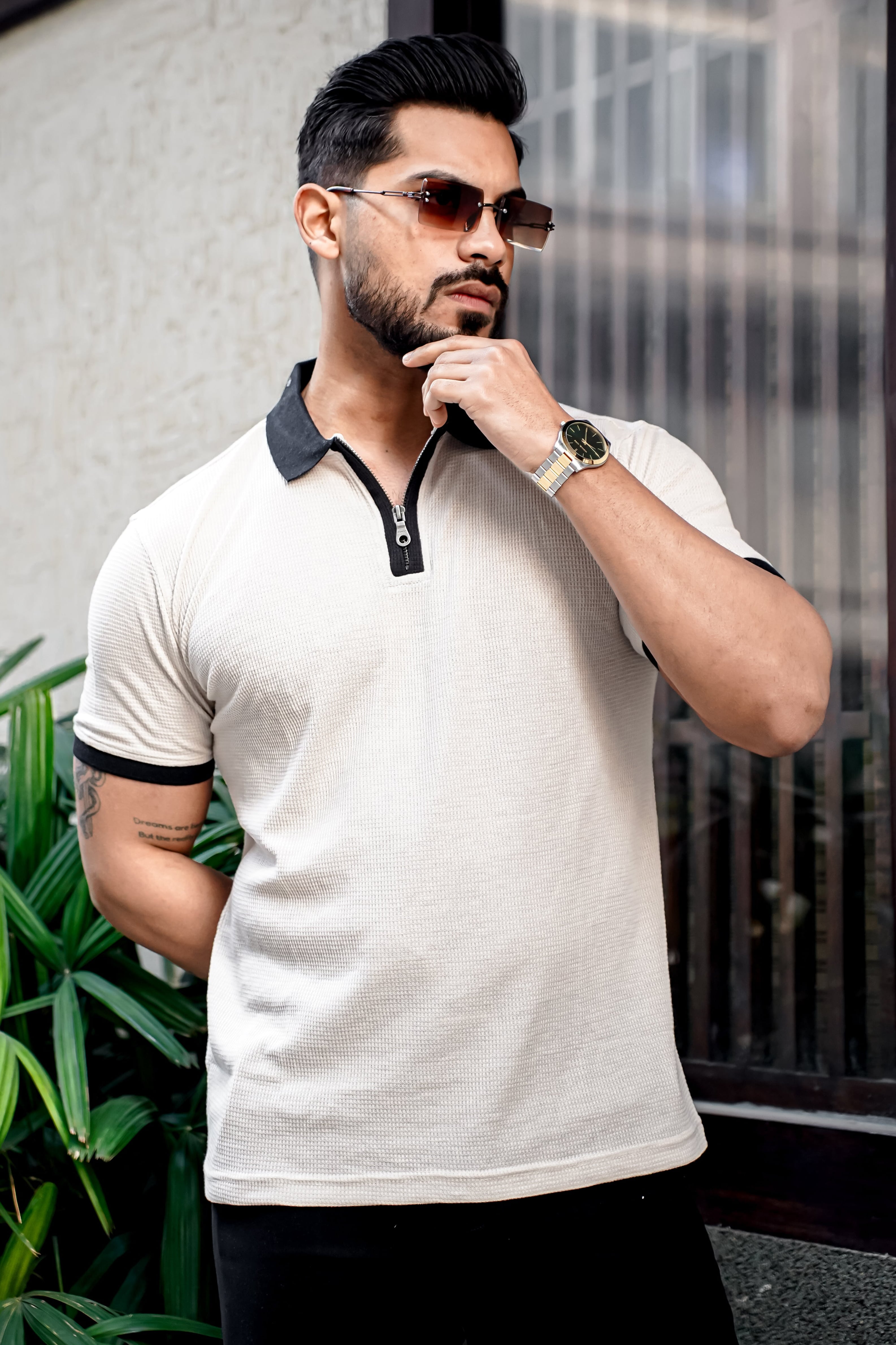 Cream Waffle Polo Zipper T-Shirt