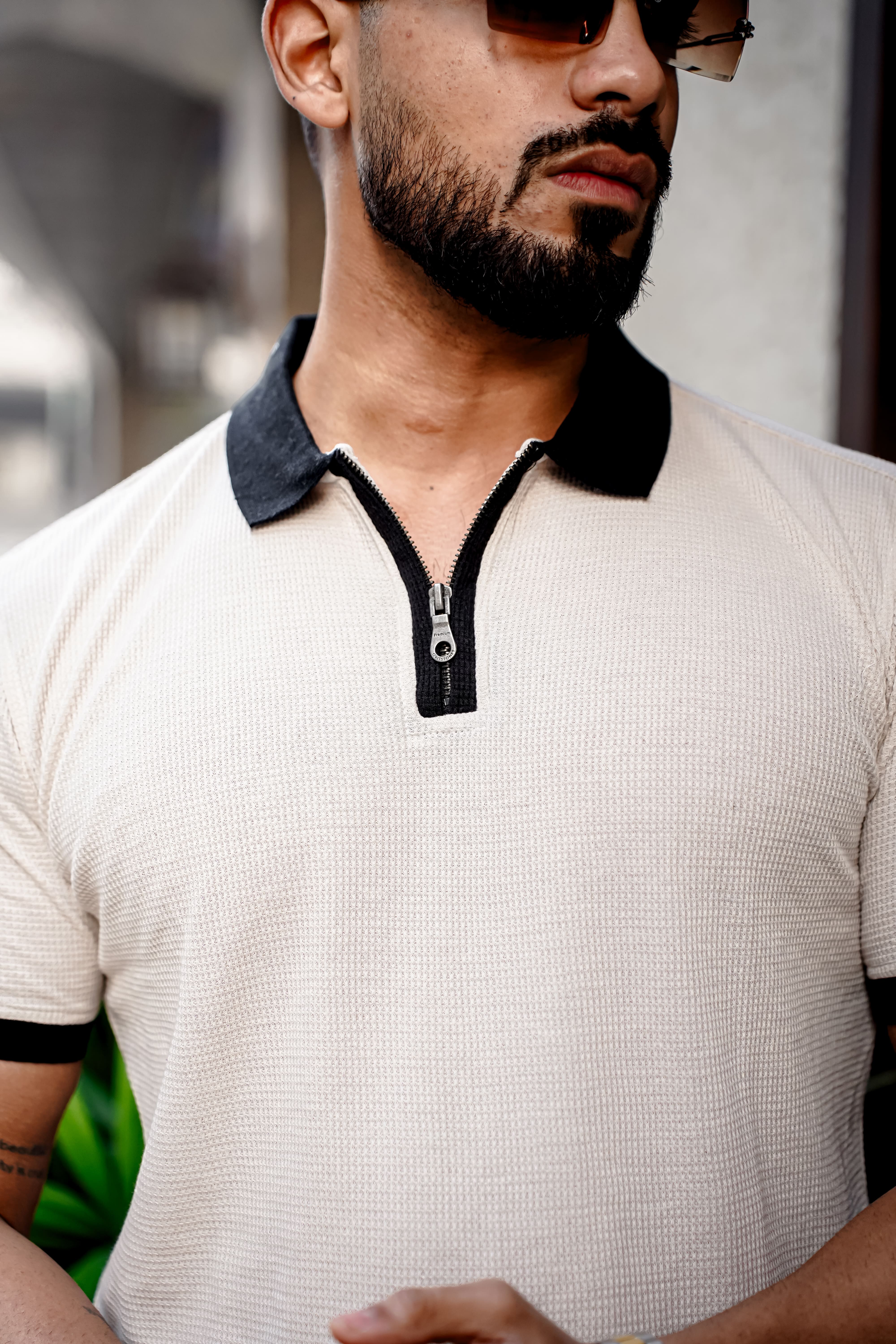 Cream Waffle Polo Zipper T-Shirt