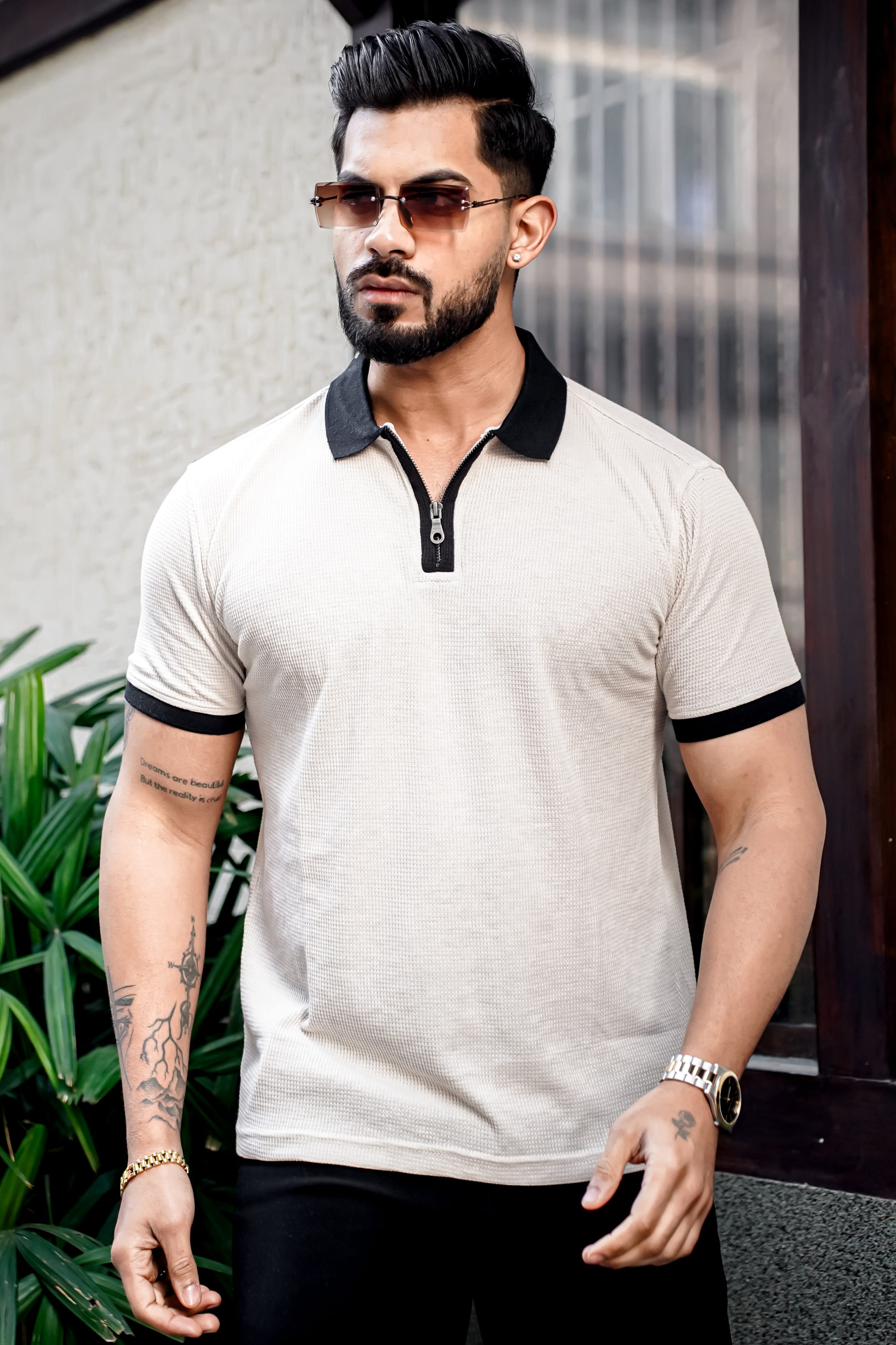 Cream Waffle Polo Zipper T-Shirt