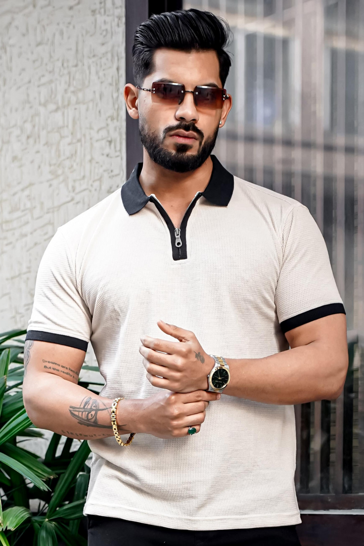 Cream Waffle Polo Zipper T-Shirt