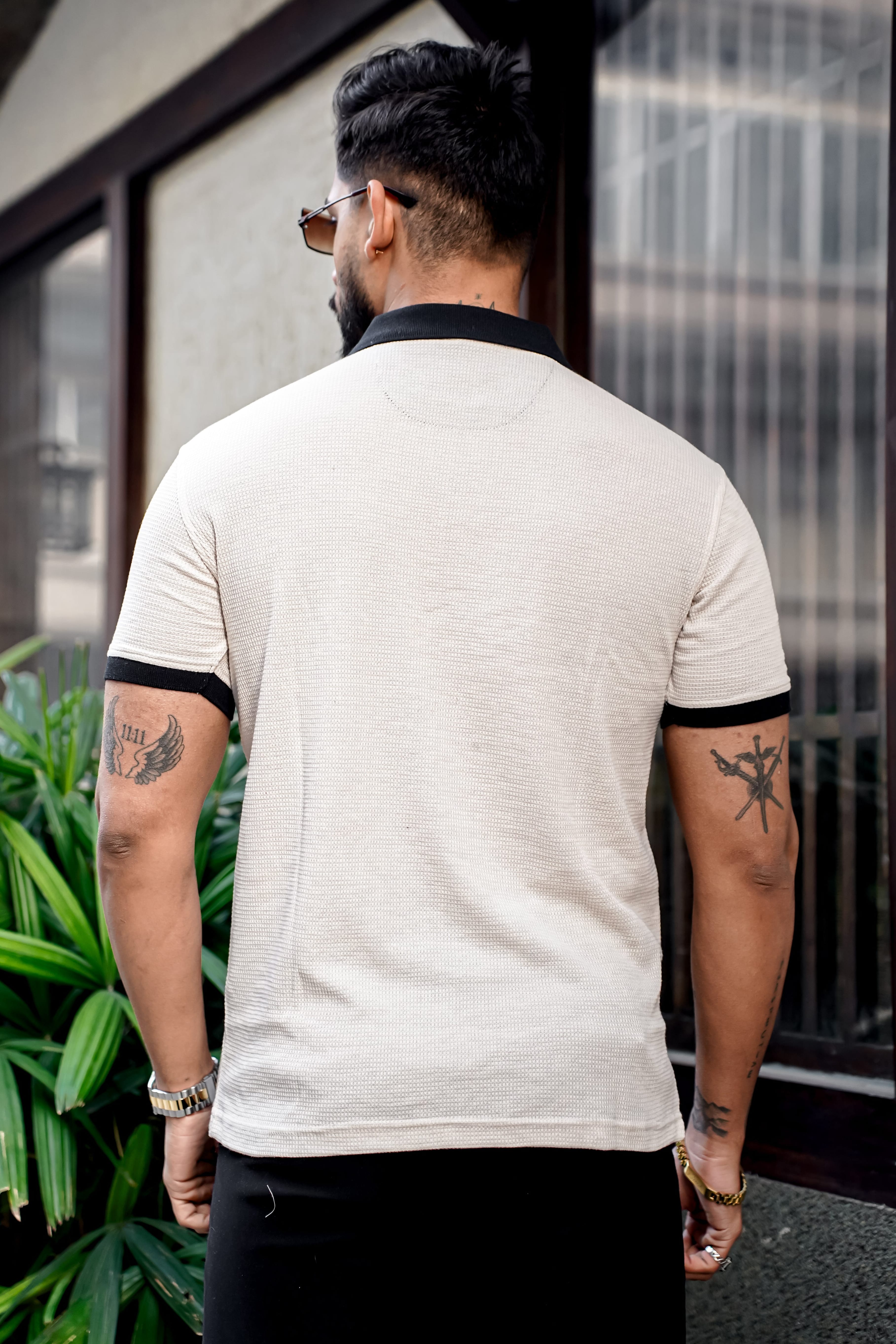 Cream Waffle Polo Zipper T-Shirt