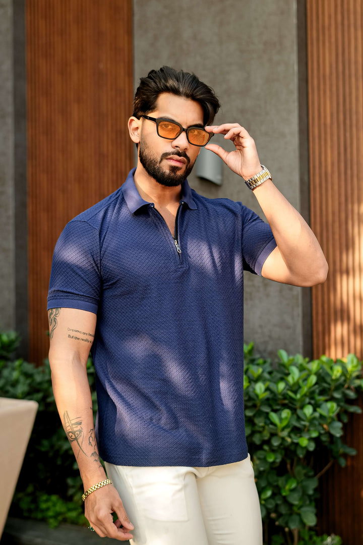 Navy Half Sleeve Zipper Polo Collar T-Shirt