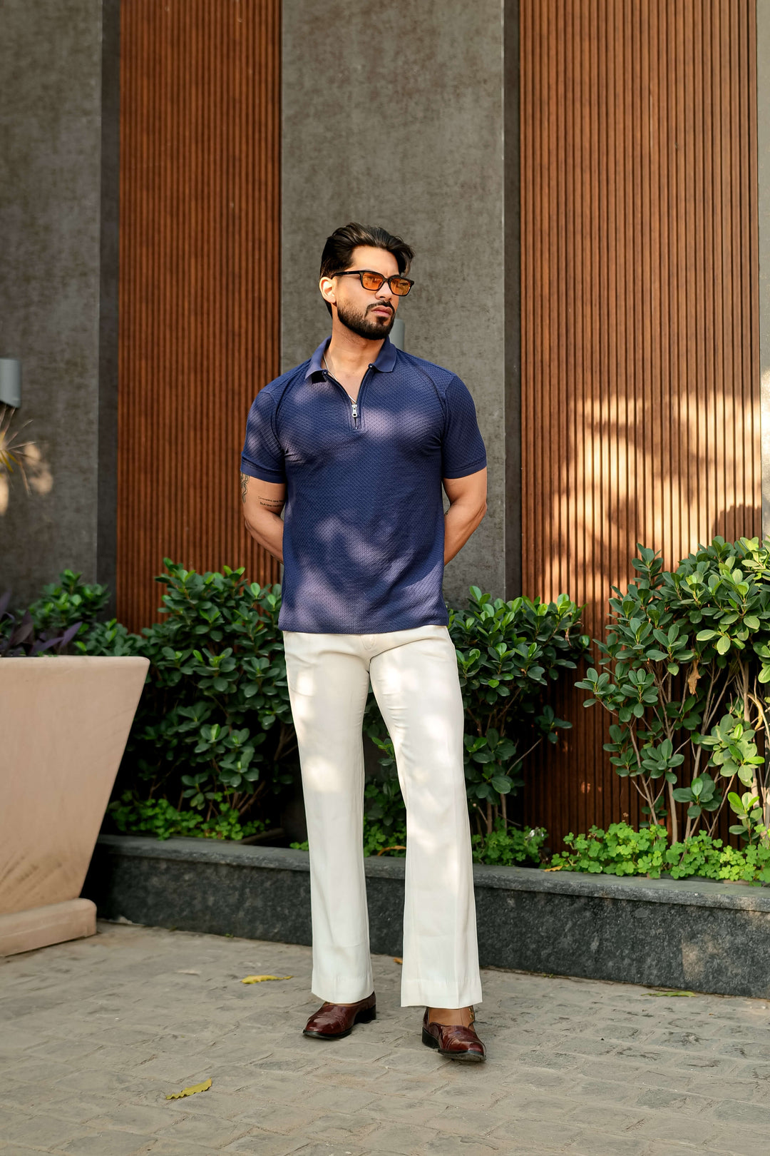 Navy Half Sleeve Zipper Polo Collar T-Shirt